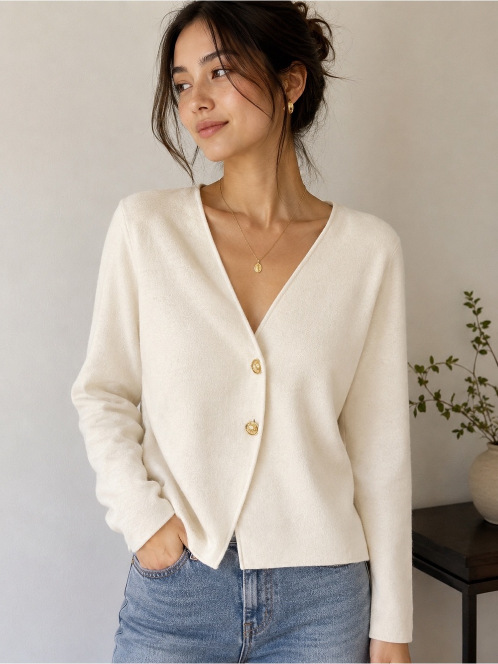 Babaton Cream V-Neck Button Sweater